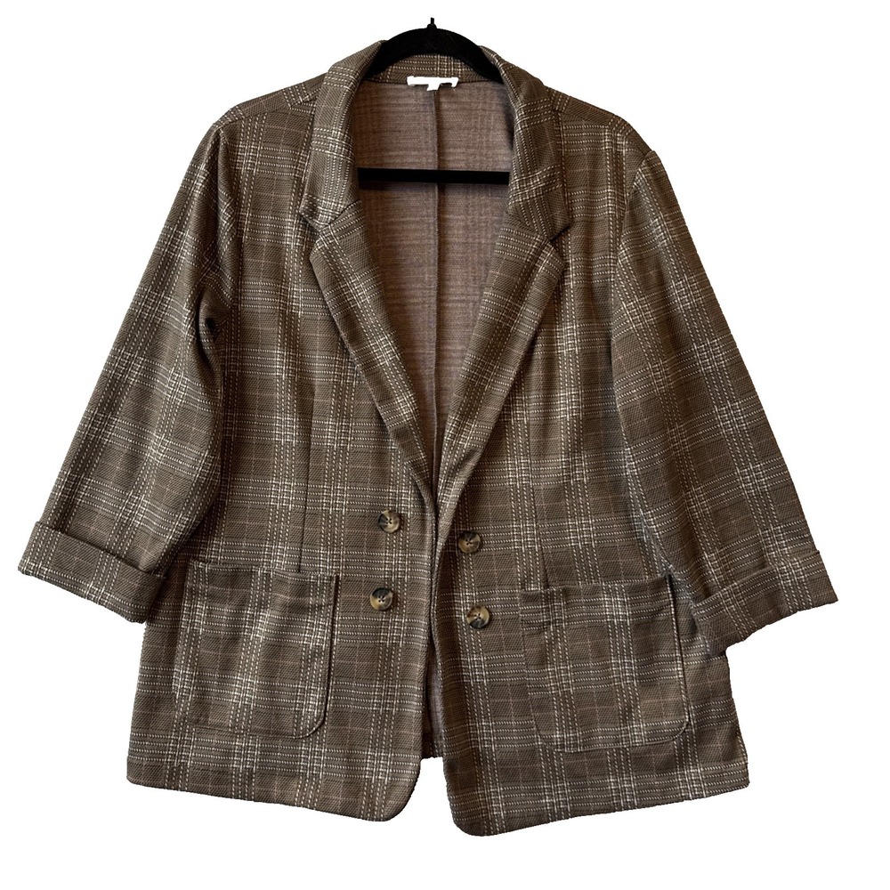 Maurices Brown Pink Plaid Stretch Blazer XL 3/4 Cuff Sleeve Academia Grandpacore